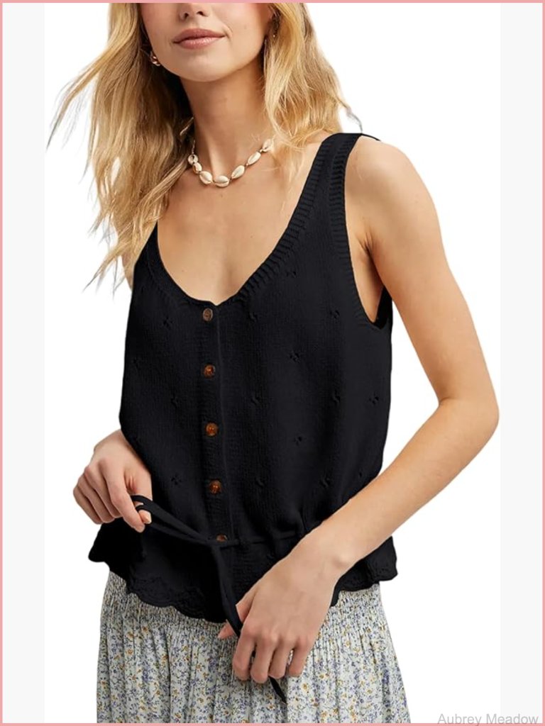 Womens Crochet Tank Top Sleeveless V Neck Button Down Ruffle Hem Tie Waist Knit